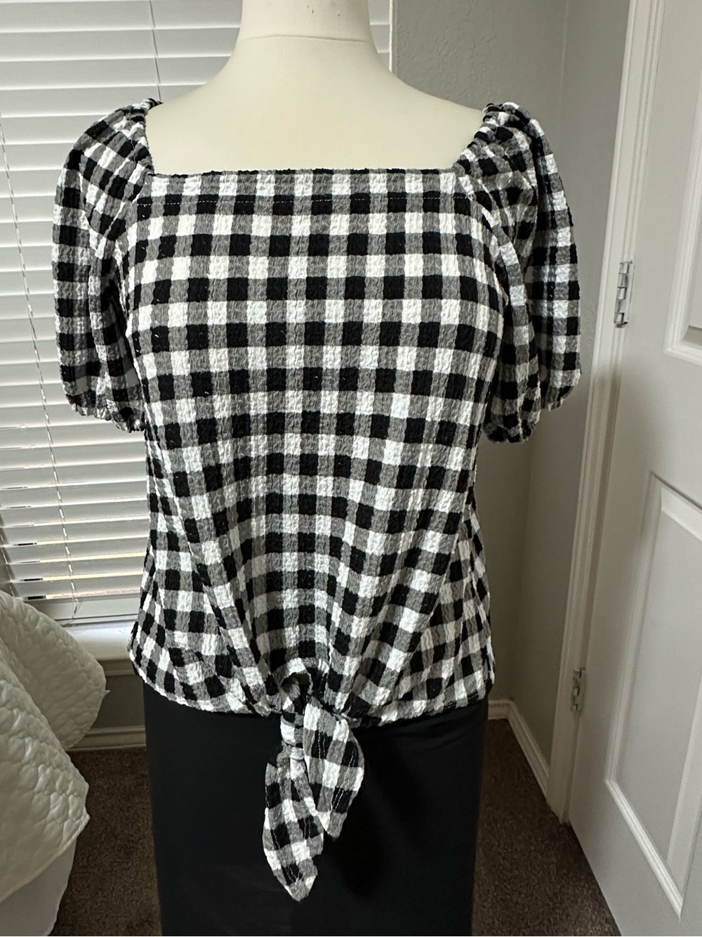 LOFT Black & White Gingham Tie-Front Square Neck Blouse